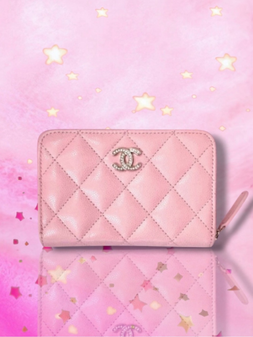 🆕💞CHANEL Grained Calfskin (CAVIAR) Zipped Coin Purse Strass CC Logo GHW • PINK